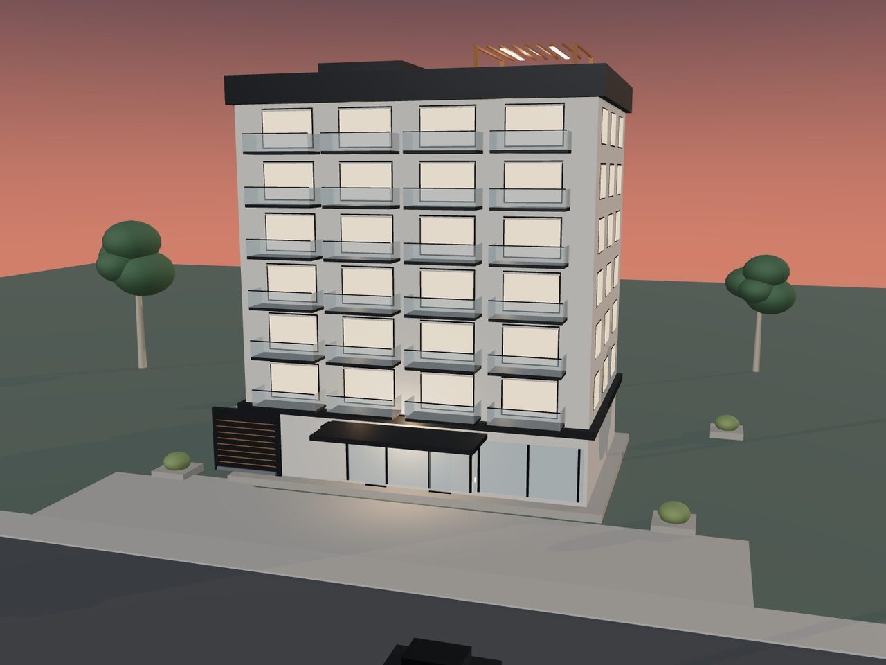 A six-storey apartment building at dusk with every home lit, a glazed lobby and a rooftop terrace