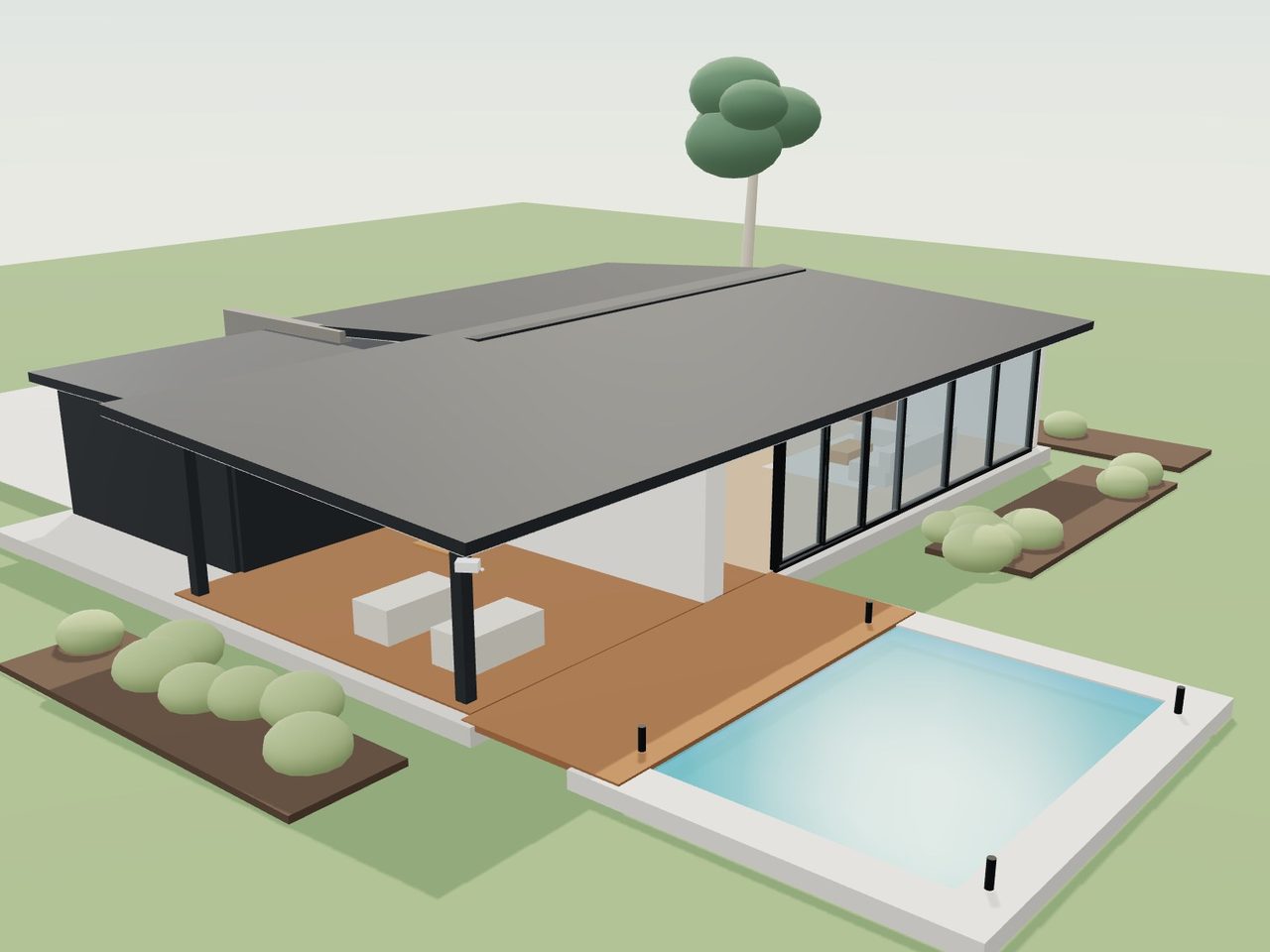 A modern single-storey Australian home, lit from inside, with a pool and covered alfresco
