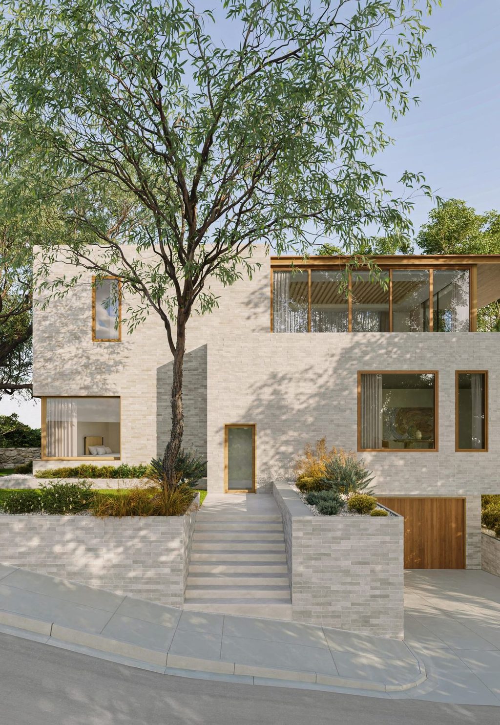 A two-storey limestone brick home with timber-framed windows and a gum tree at the front steps