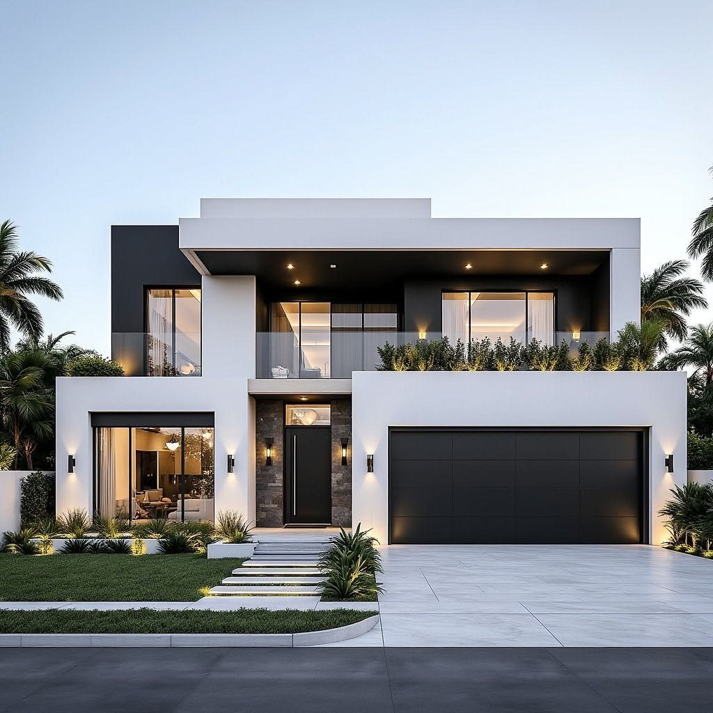 A new white and charcoal Australian home at dusk, lit from inside